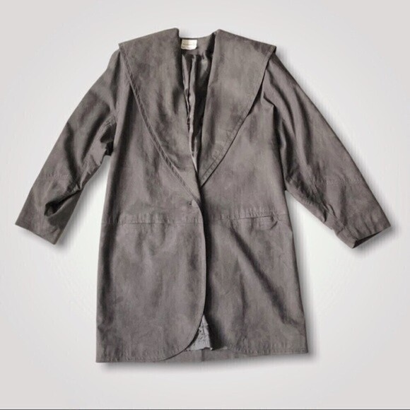80s Vintage Faux Suede Cocoon Coat 1 Button Oversized Shawl Collar Slate Gray - Picture 5 of 12